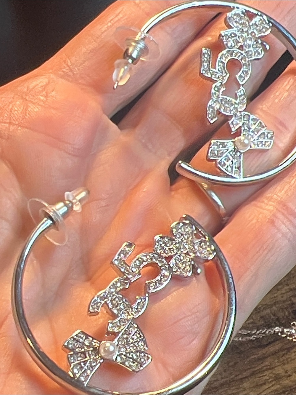 Silver Crystal Hoop Earring with Bow, '5' Motif and Clover Charm